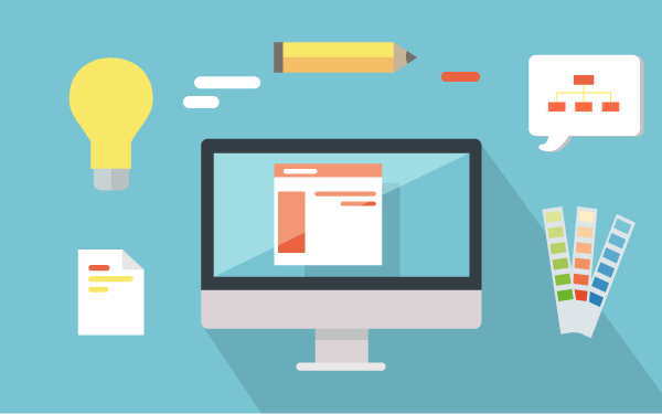 Graphic image of a computer with design elements surrounding it