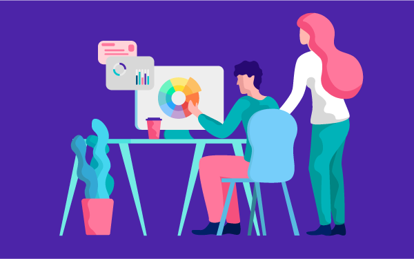 A graphic of a man looking at a color wheel on a computer screen, with a co-worked looking over his shoulder